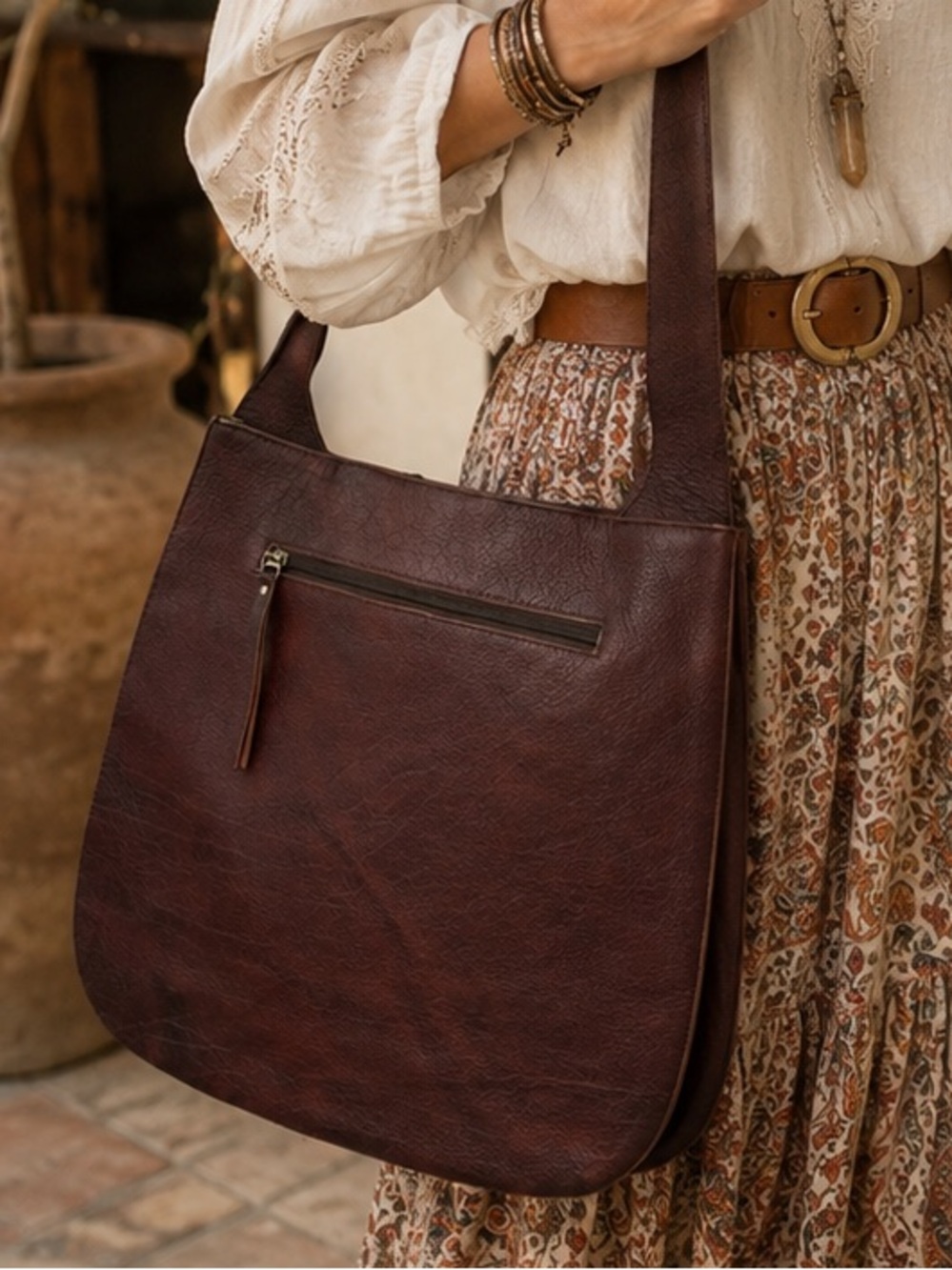 Mahogany Buffalo Leather Handbag | Handmade in India | Suede Interior Brand New